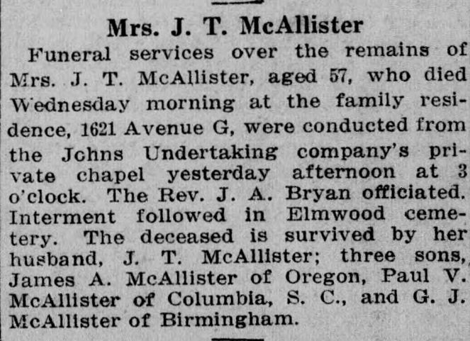Mrs. J.T. McAllister obituary